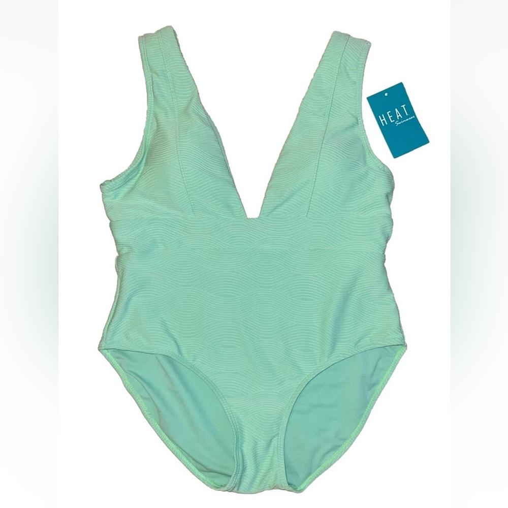 Heat Swimwear NEW Plunging Neckline Textured One Piece Swimsuit Sz L